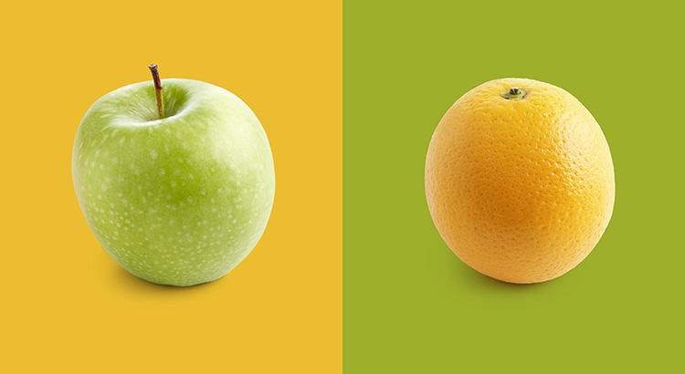 green apple against an orange background, Orange with a green background
