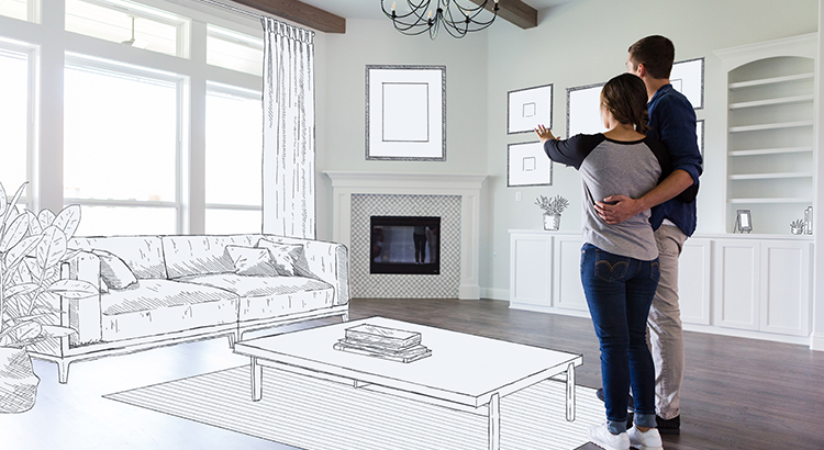 man has arm around woman who is pointing at illustrated furniture within the room they stand. 
