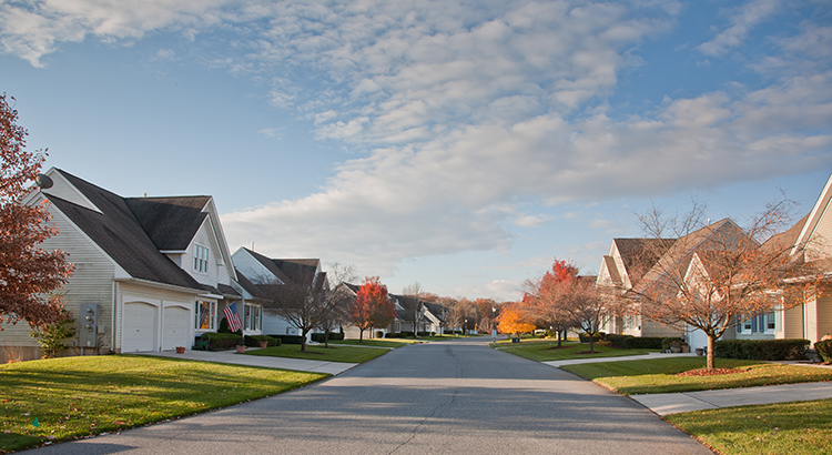 Suburban neighborhood street view.