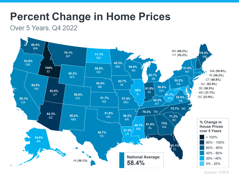 A map depicting how much home prices have risen in the last five years. 